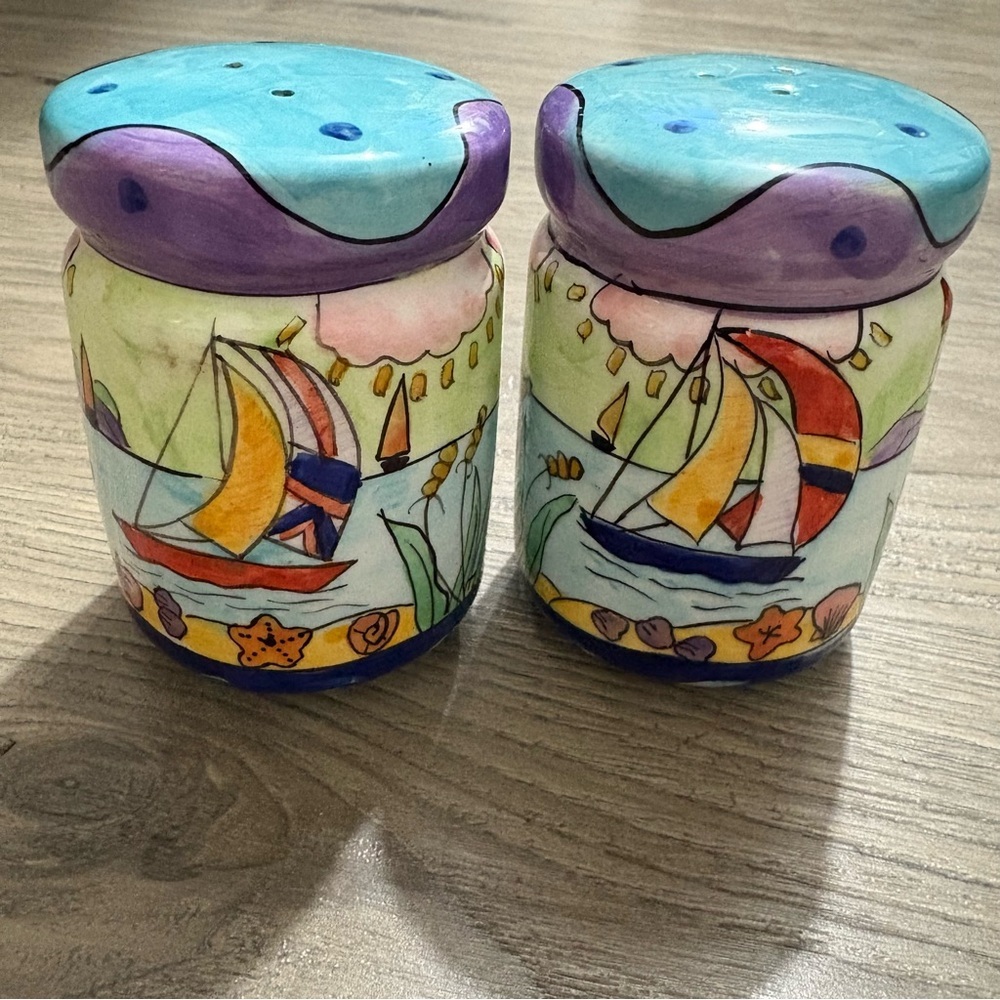 Hand Painted Tropical Salt‎ and Pepper Shaker Set Sailboat Lighthouse Nautical